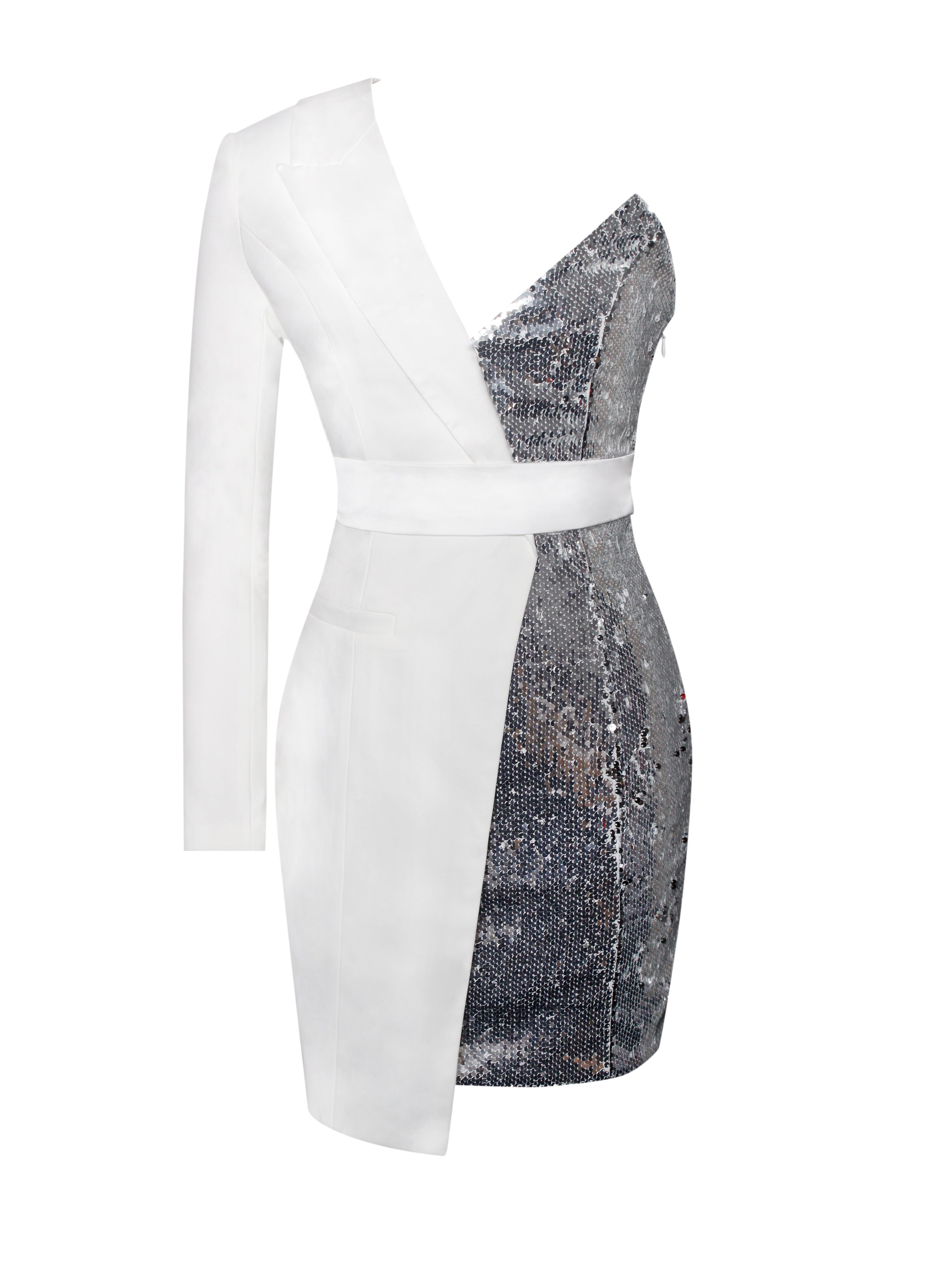 Silver Night White Sequin Crepe Tuxedo Blazer Dress