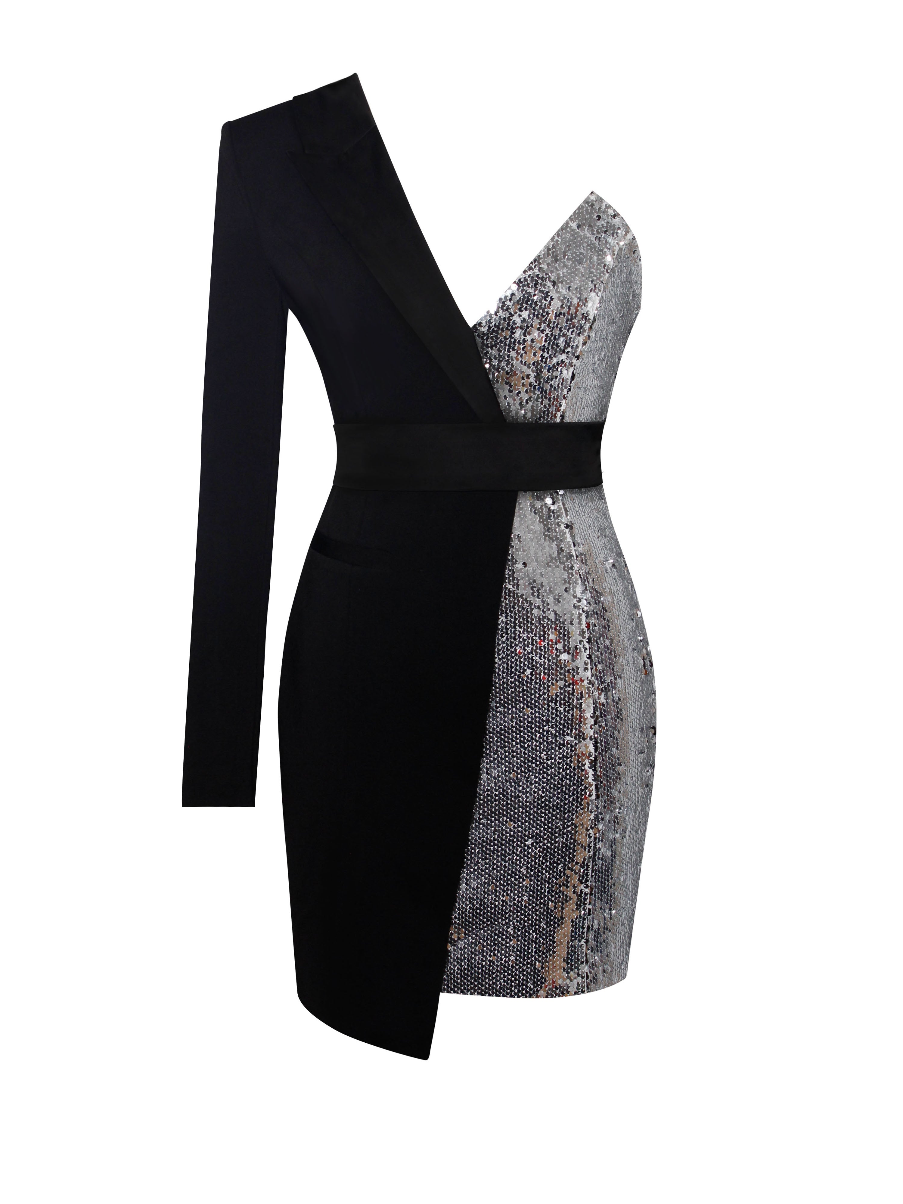 Silver Night Black Sequin Crepe Tuxedo Blazer Dress